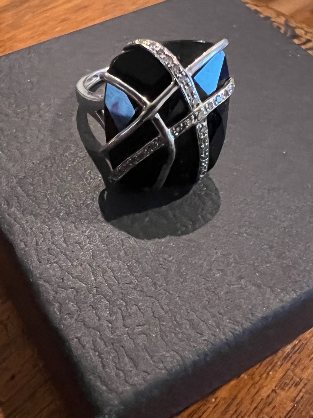 Black Onyx Cushion Cut Wrap Ring in Sterling Silver with Simulated Diamonds 7.5!